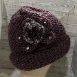 Purple embellished chunky knit winter beanie hat
